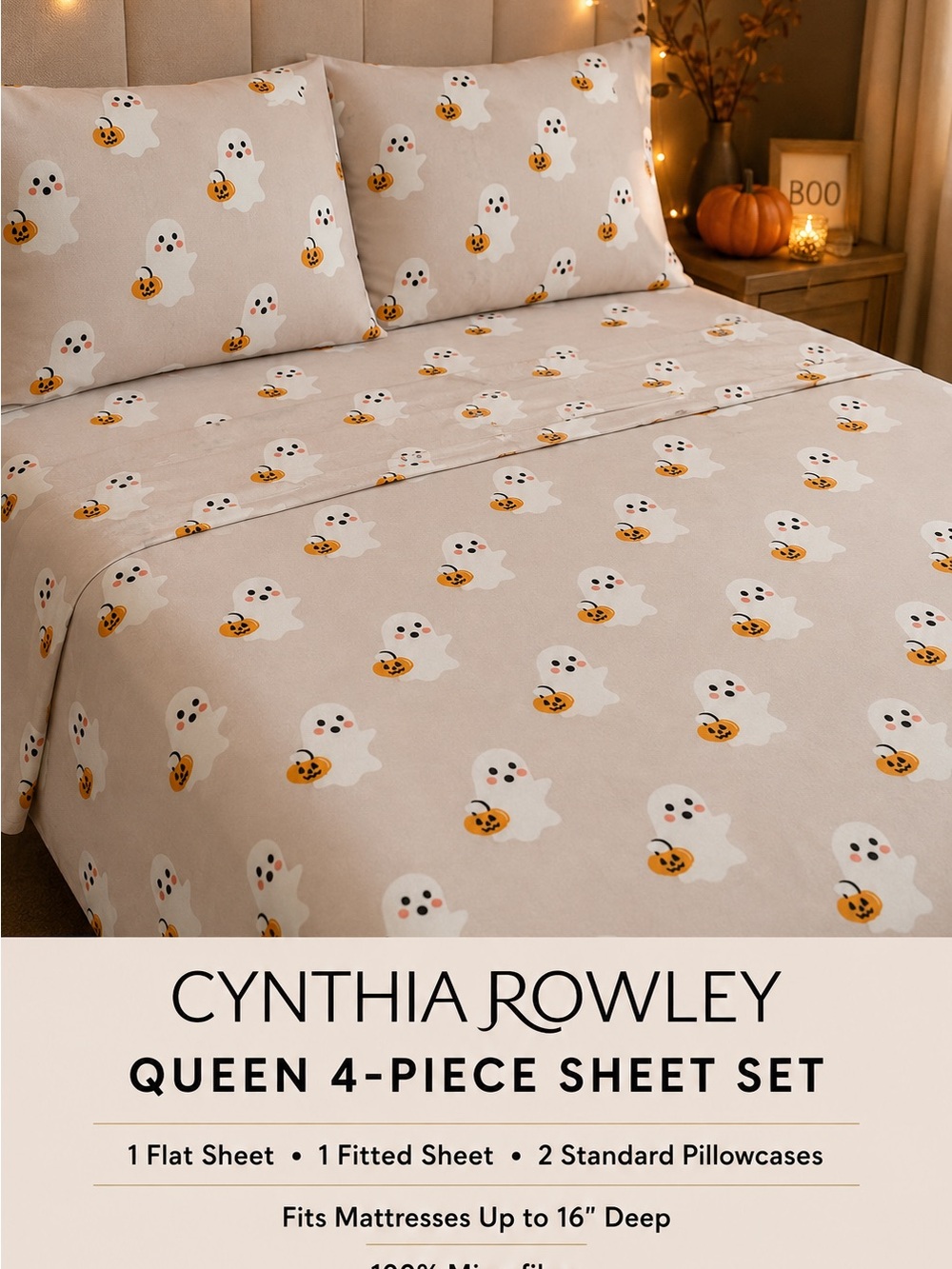 Cynthia Rowley Beige Ghost & Pumpkin Queen Sheet Set